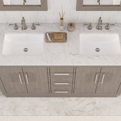 Hugo 60 In. Double Sink Carrara White Marble Countertop Bath Vanity in Grey Oak