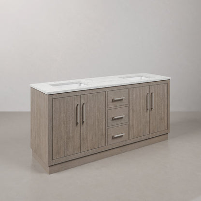 Hugo 72 In. Double Sink Carrara White Marble Countertop Bath Vanity in Grey Oak