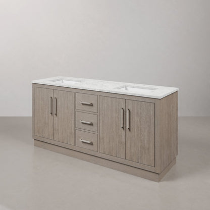 Hugo 72 In. Double Sink Carrara White Marble Countertop Bath Vanity in Grey Oak