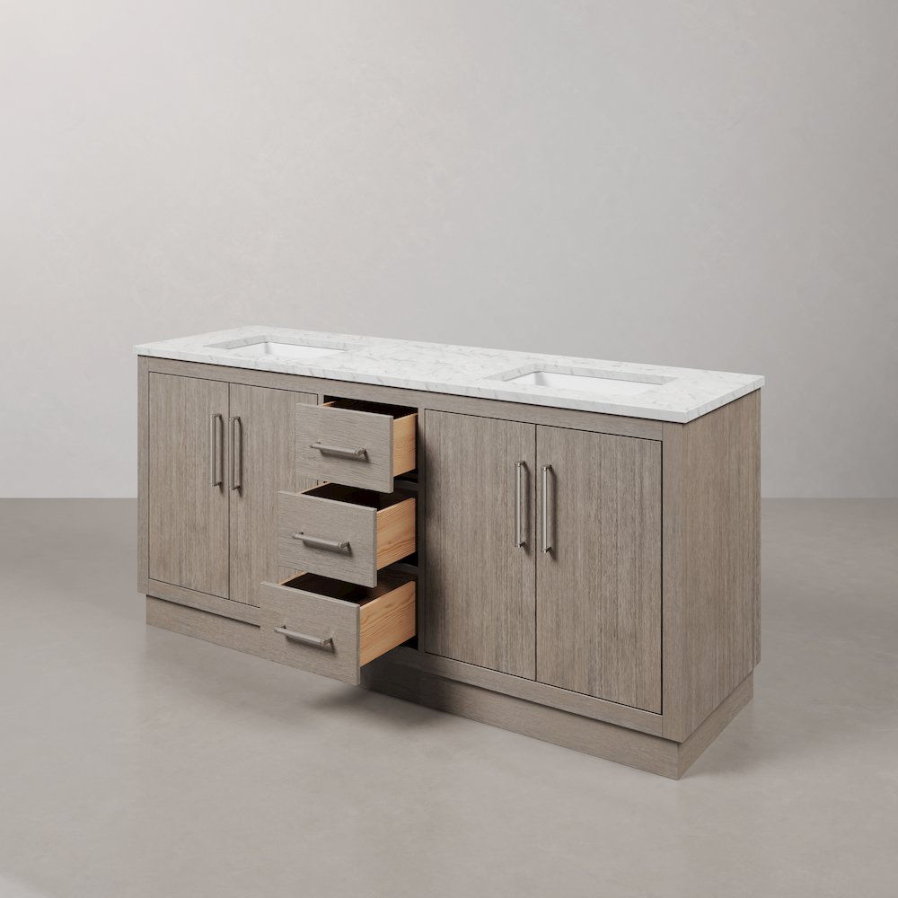 Hugo 72 In. Double Sink Carrara White Marble Countertop Bath Vanity in Grey Oak