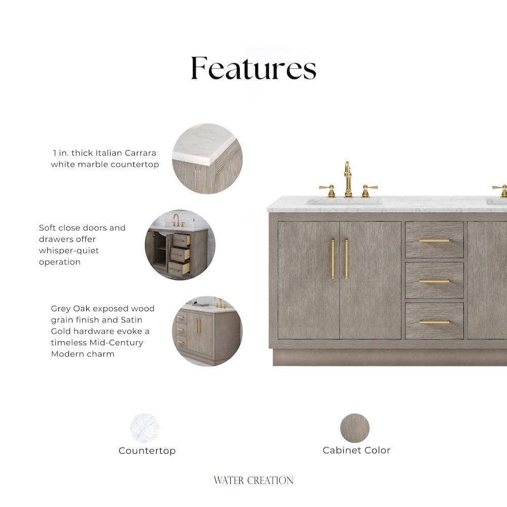 Hugo 72 In. Double Sink Carrara White Marble Countertop Bath Vanity in Grey Oak
