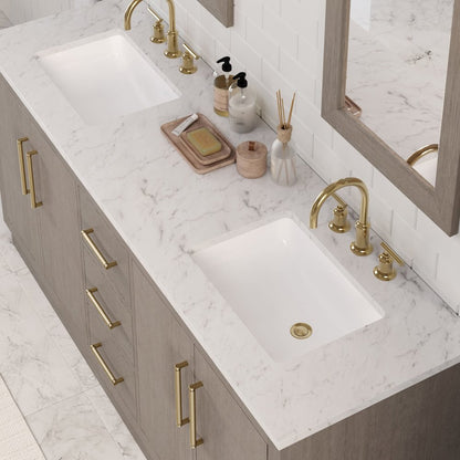 Hugo 72 In. Double Sink Carrara White Marble Countertop Bath Vanity in Grey Oak
