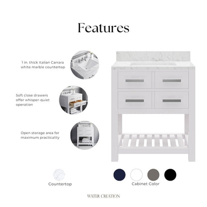Madalyn 30 In. Single Sink Carrara White Marble Countertop Bath Vanity