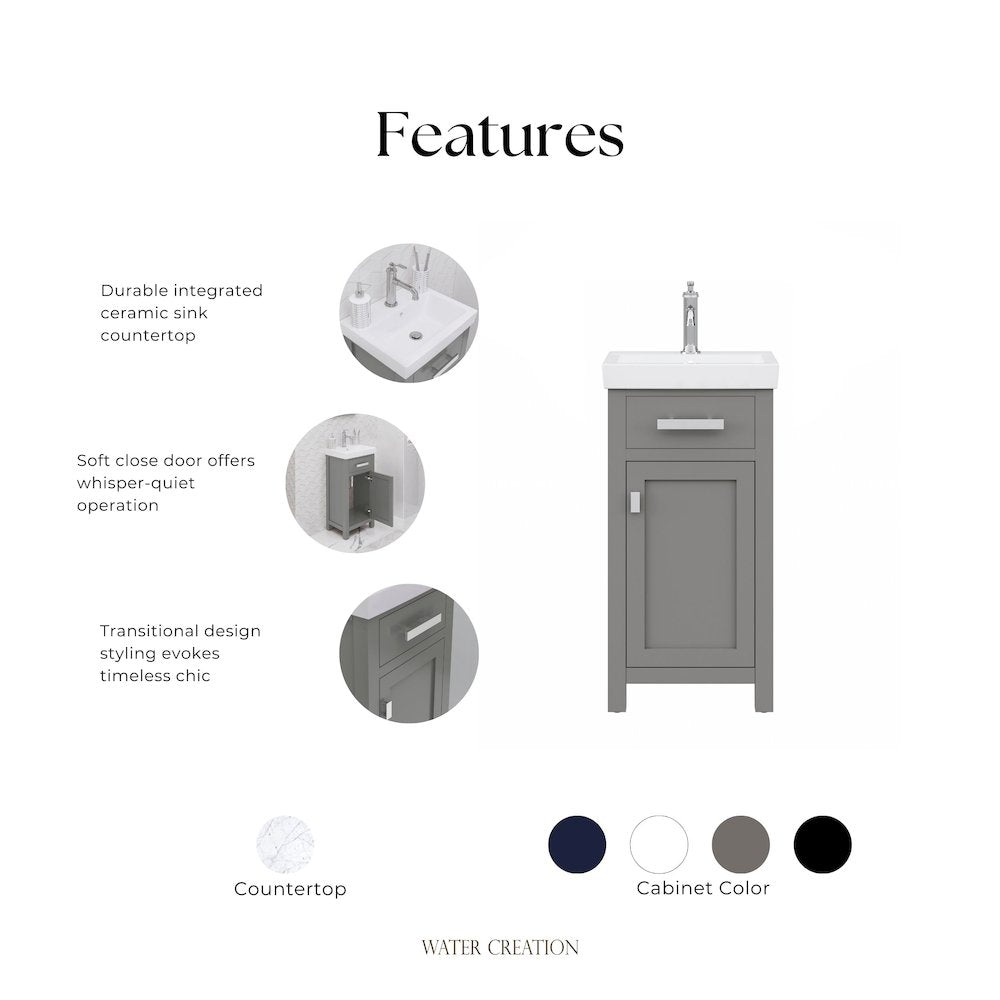 Mia 18 In. Integrated Ceramic Sink Top Vanity in Cashmere Grey