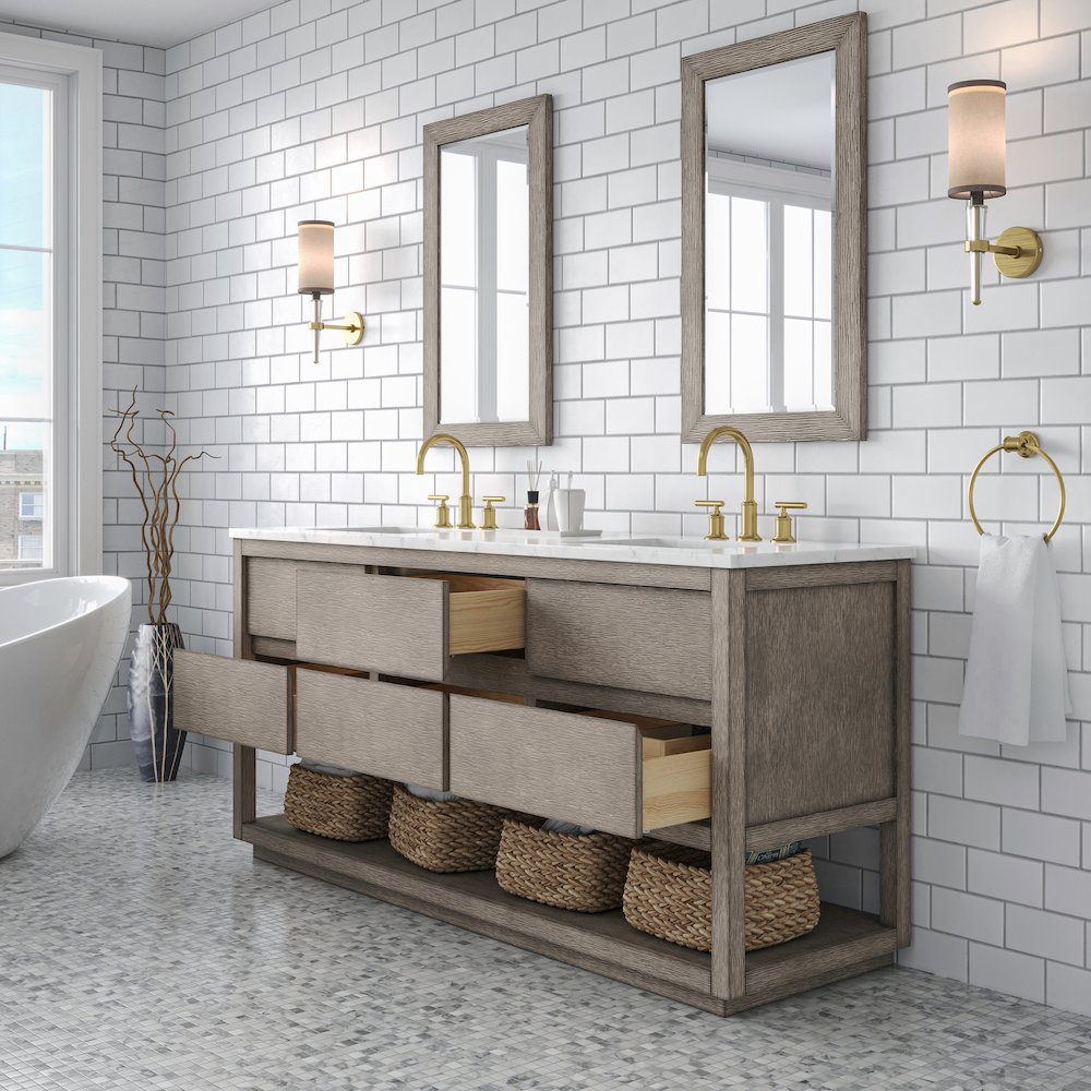 Oakman 72 In. Double Sink Carrara White Marble Countertop Bath Vanity