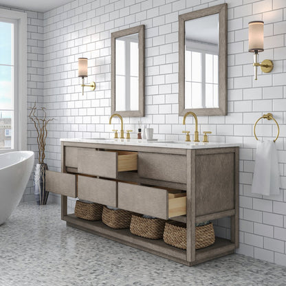 Oakman 72 In. Double Sink Carrara White Marble Countertop Bath Vanity