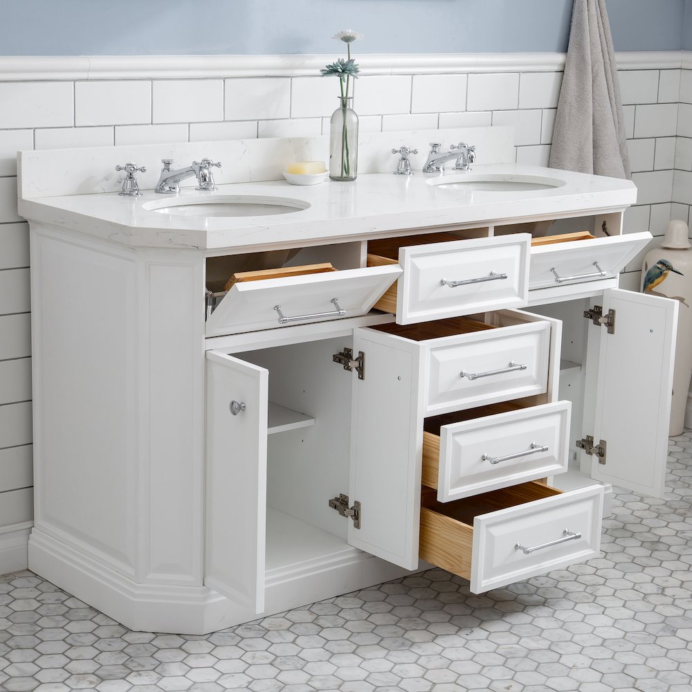 Palace 60 In. Double Sink Carrara Quartz Countertop Bath Vanity in Pure White