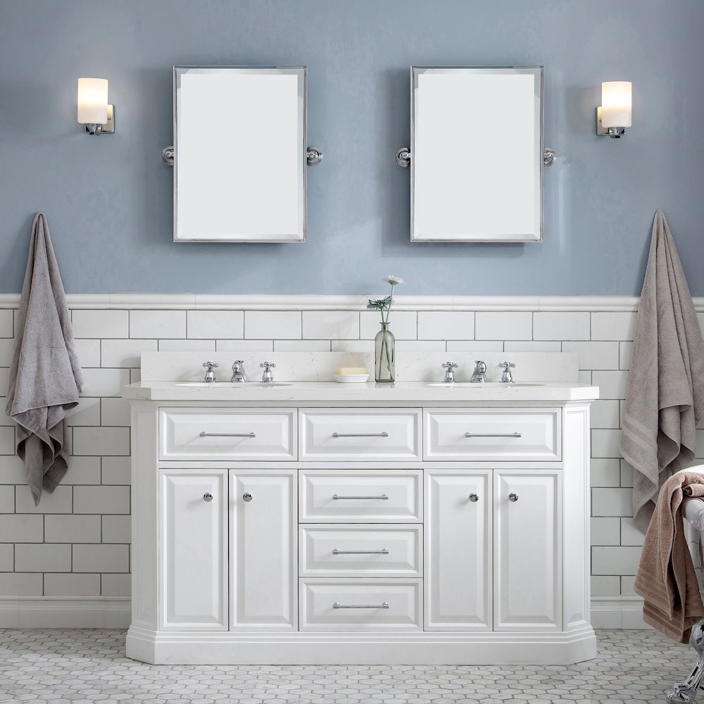 Palace 60 In. Double Sink Carrara Quartz Countertop Bath Vanity in Pure White