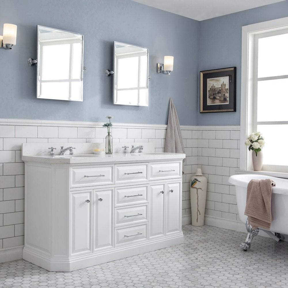 Palace 60 In. Double Sink Carrara Quartz Countertop Bath Vanity in Pure White
