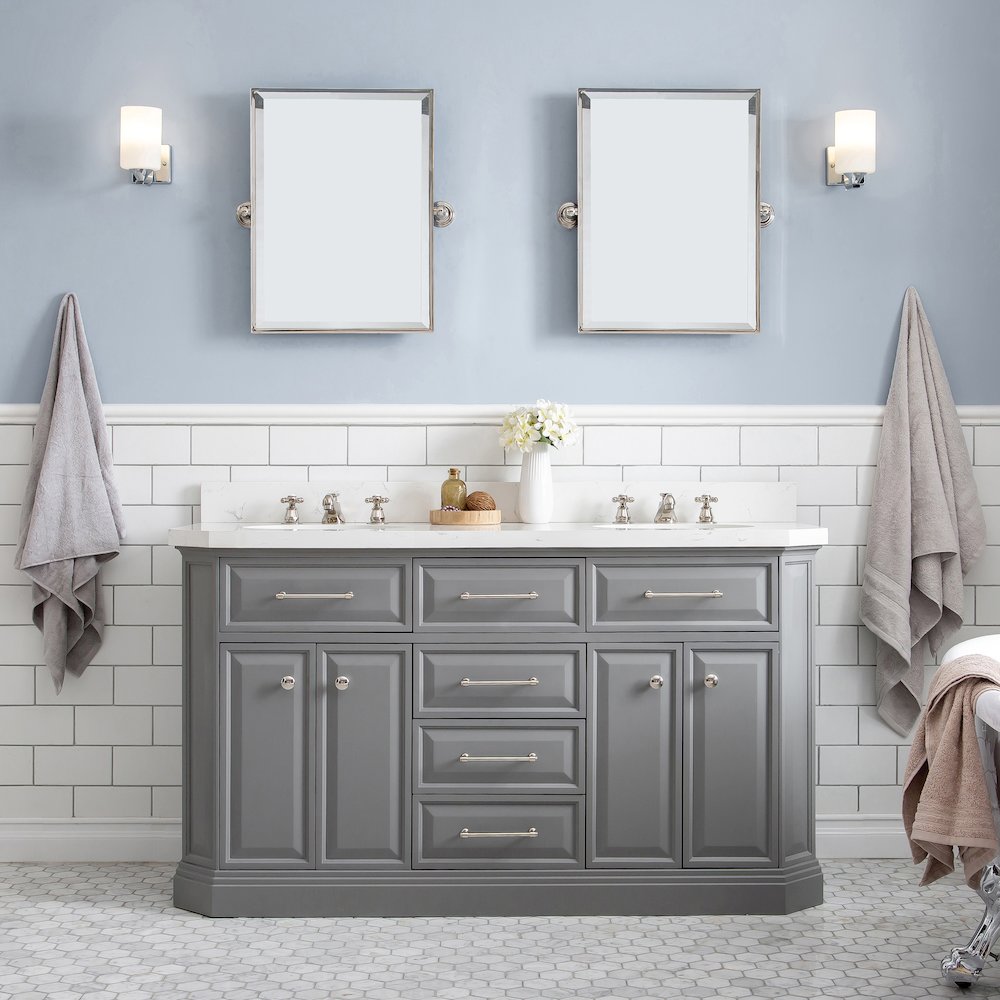 Palace 60 In. Double Sink Carrara Quartz Countertop Bath Vanity in Cashmere Grey
