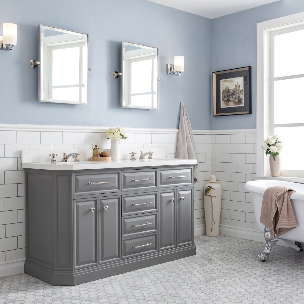 Palace 60 In. Double Sink Carrara Quartz Countertop Bath Vanity in Cashmere Grey