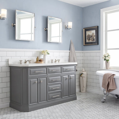 Palace 60 In. Double Sink Carrara Quartz Countertop Bath Vanity in Cashmere Grey