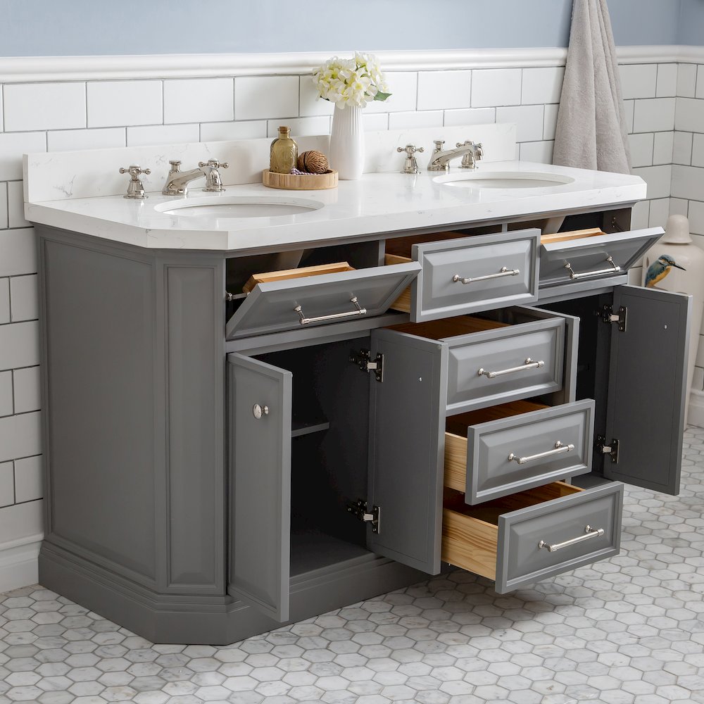 Palace 60 In. Double Sink Carrara Quartz Countertop Bath Vanity in Cashmere Grey