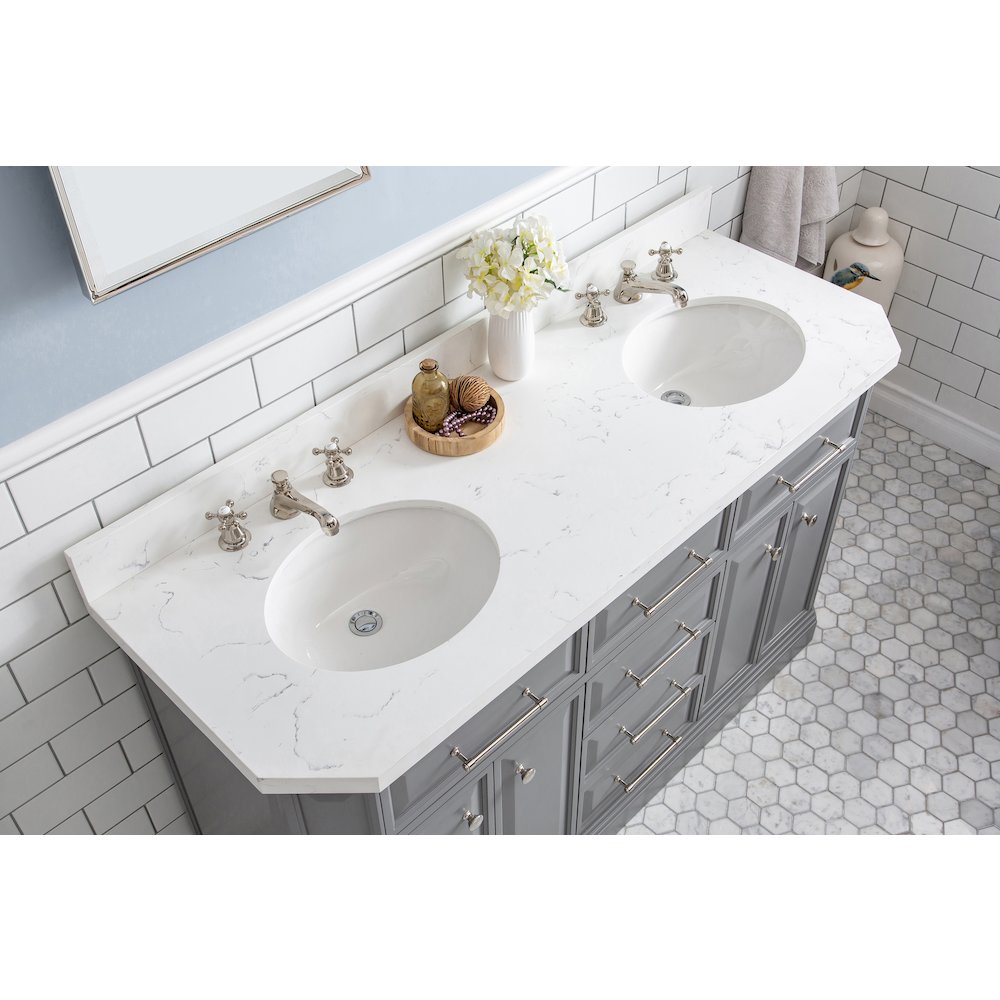 Palace 60 In. Double Sink Carrara Quartz Countertop Bath Vanity in Cashmere Grey