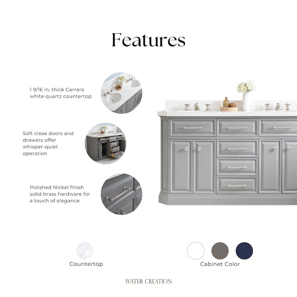 Palace 60 In. Double Sink Carrara Quartz Countertop Bath Vanity in Cashmere Grey