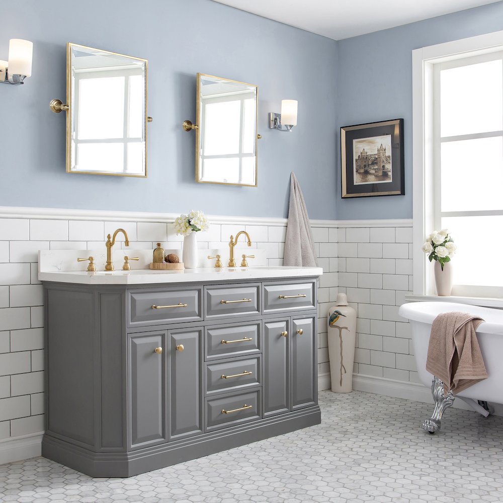 Palace 60 In. Double Sink Carrara Quartz Countertop Bath Vanity in Cashmere Grey