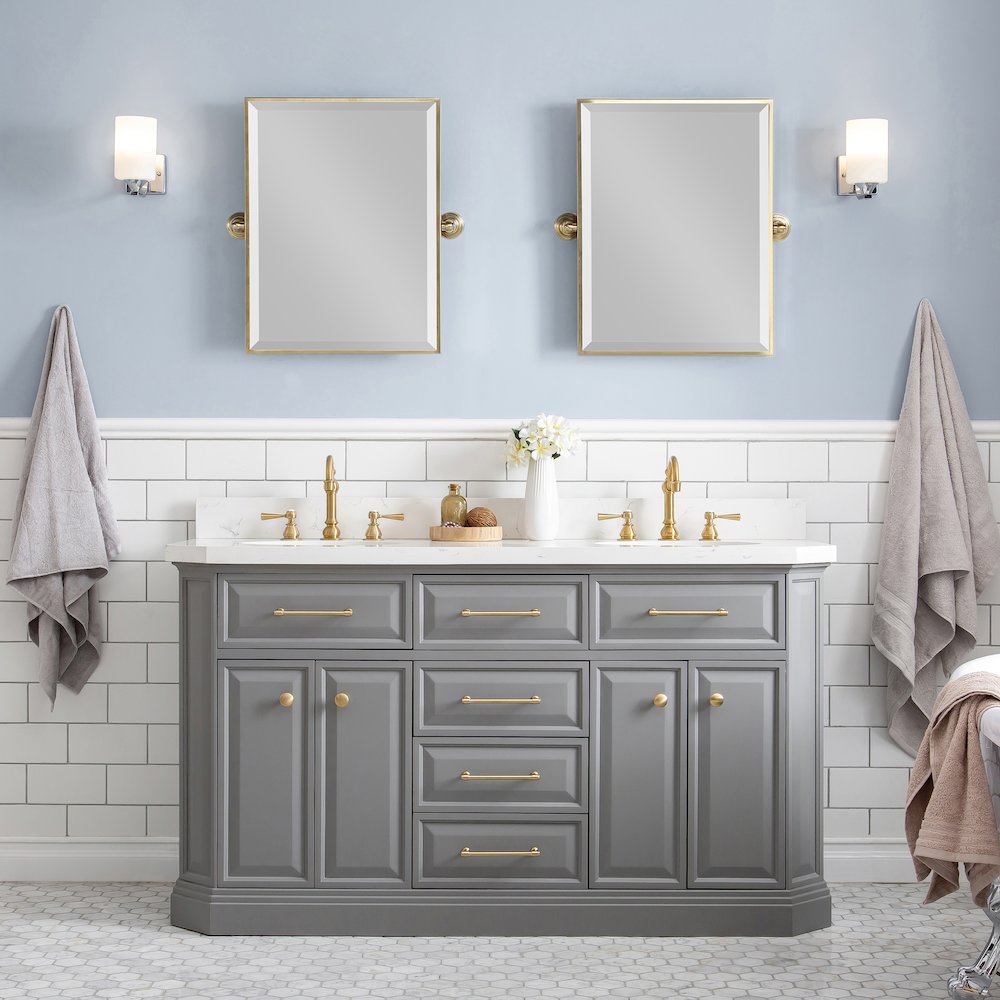 Palace 60 In. Double Sink Carrara Quartz Countertop Bath Vanity in Cashmere Grey