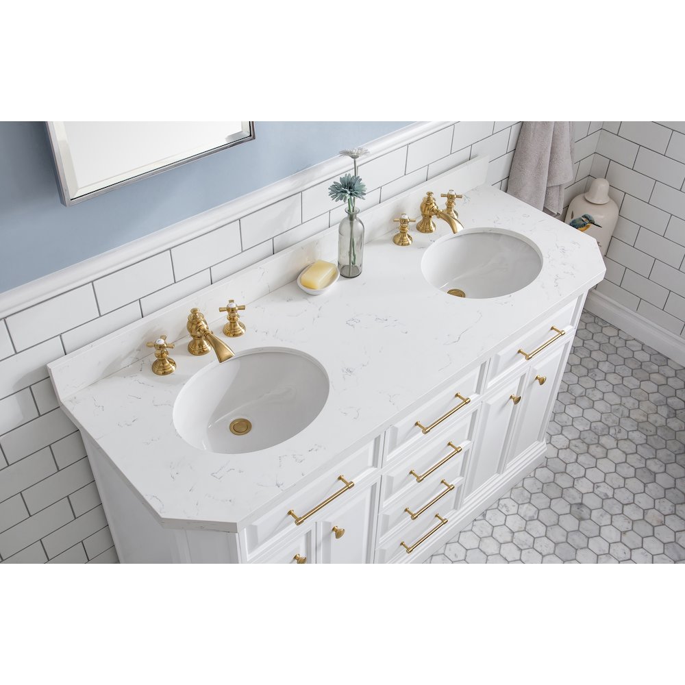 Palace 60 In. Double Sink Carrara Quartz Countertop Bath Vanity in Pure White