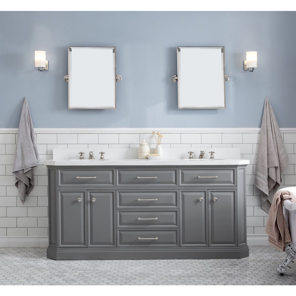 Palace 72 In. Double Sink Carrara Quartz Countertop Bath Vanity in Cashmere Grey