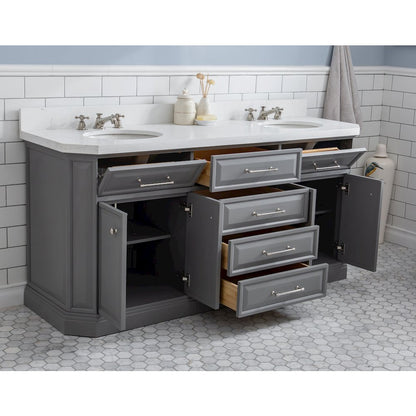 Palace 72 In. Double Sink Carrara Quartz Countertop Bath Vanity in Cashmere Grey