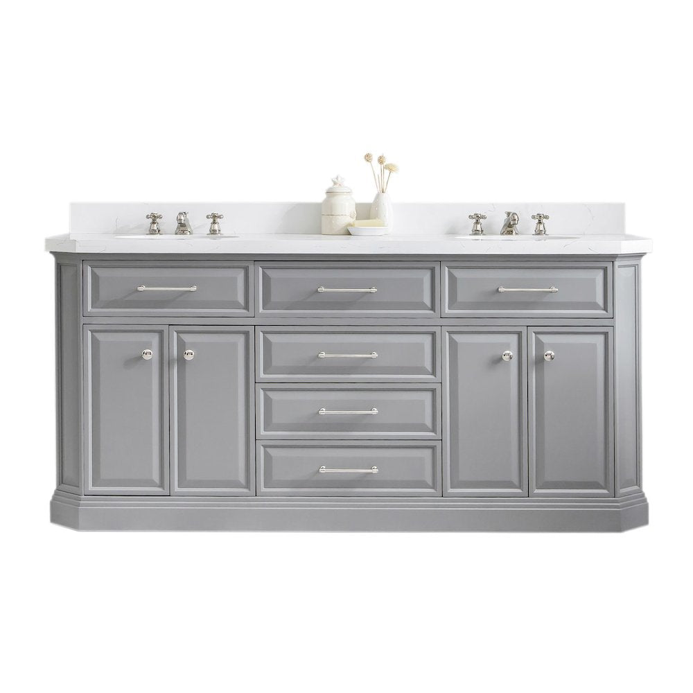 Palace 72 In. Double Sink Carrara Quartz Countertop Bath Vanity in Cashmere Grey