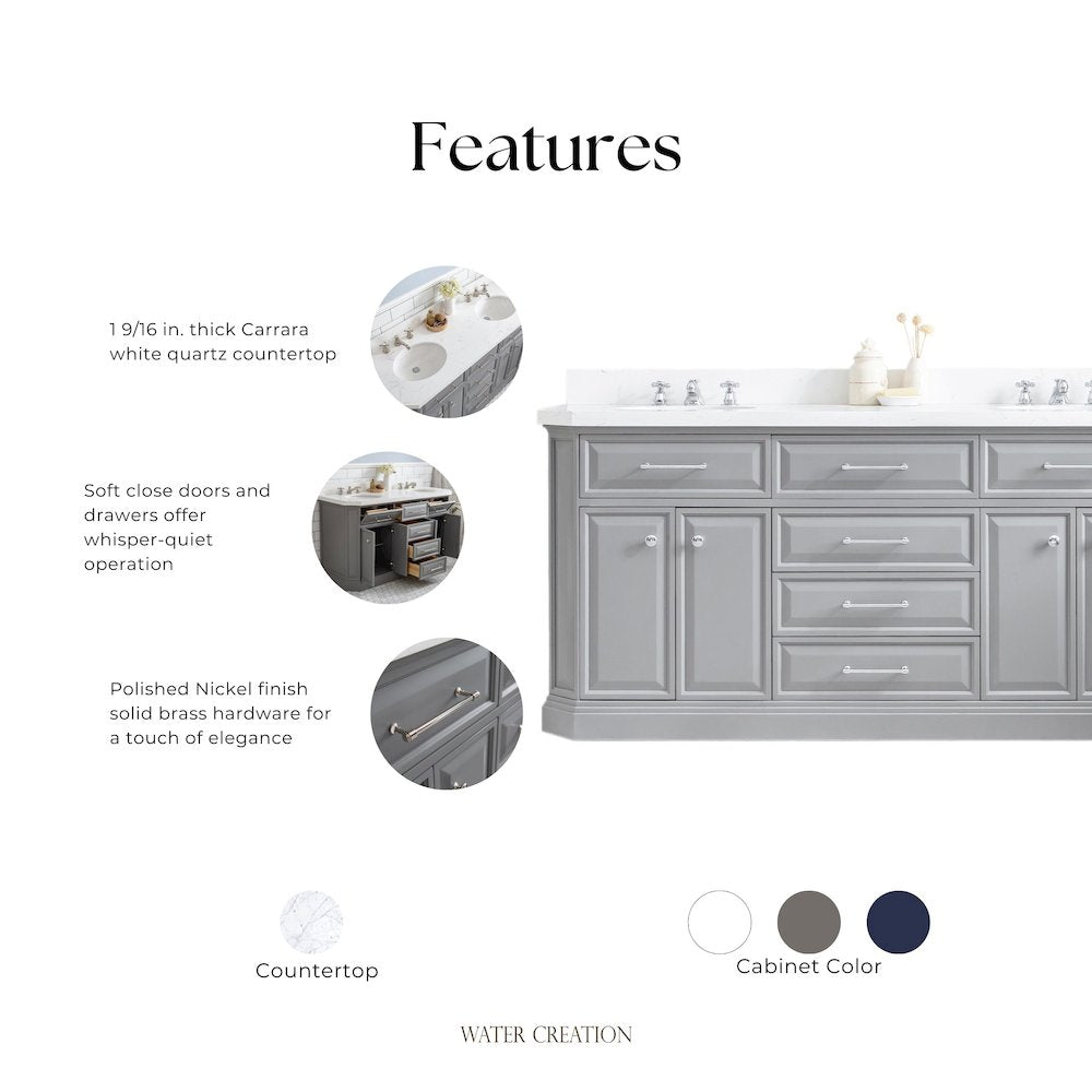 Palace 72 In. Double Sink Carrara Quartz Countertop Bath Vanity in Cashmere Grey