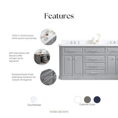 Palace 72 In. Double Sink Carrara Quartz Countertop Bath Vanity in Cashmere Grey