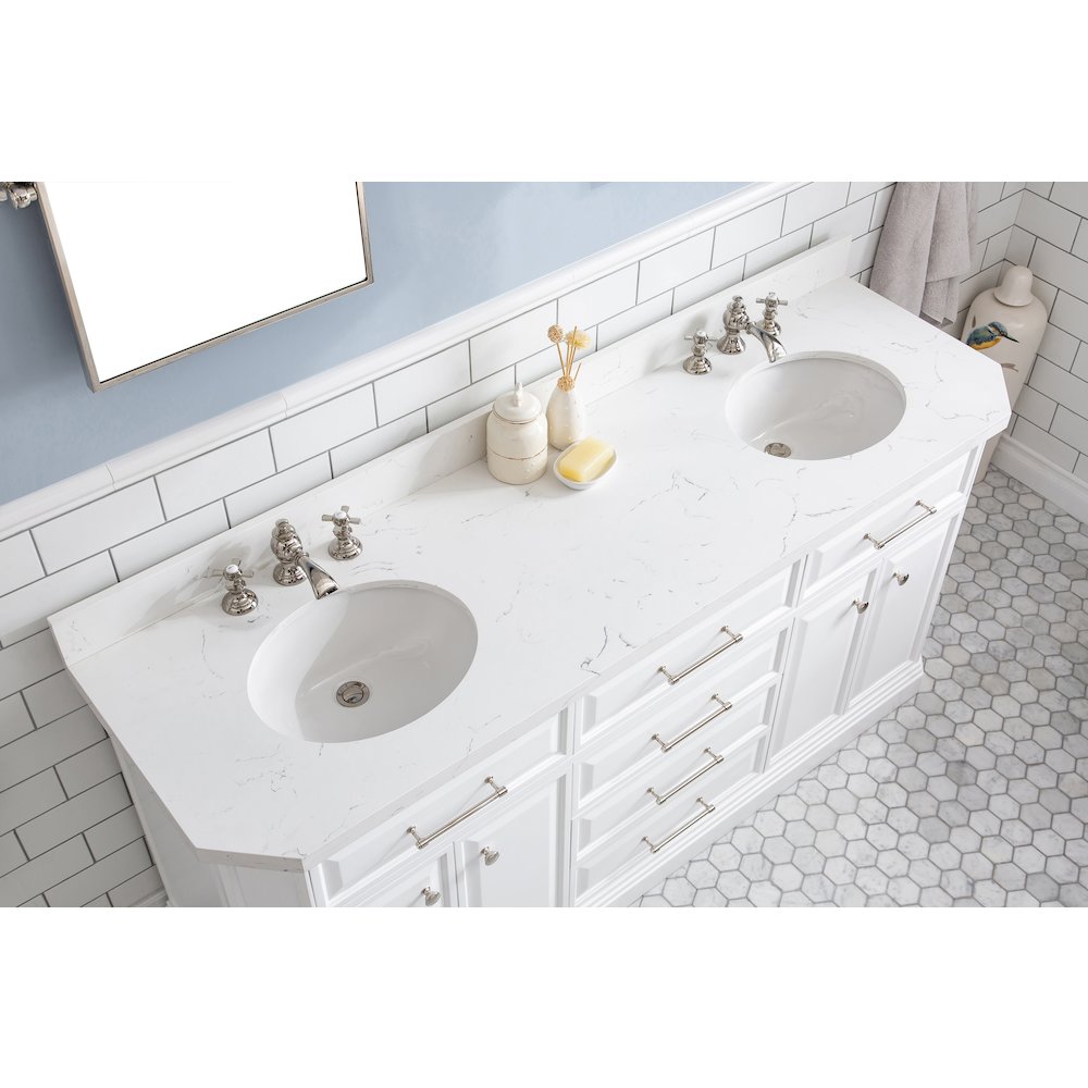 Palace 72 In. Double Sink Carrara Quartz Countertop Bath Vanity in Pure White