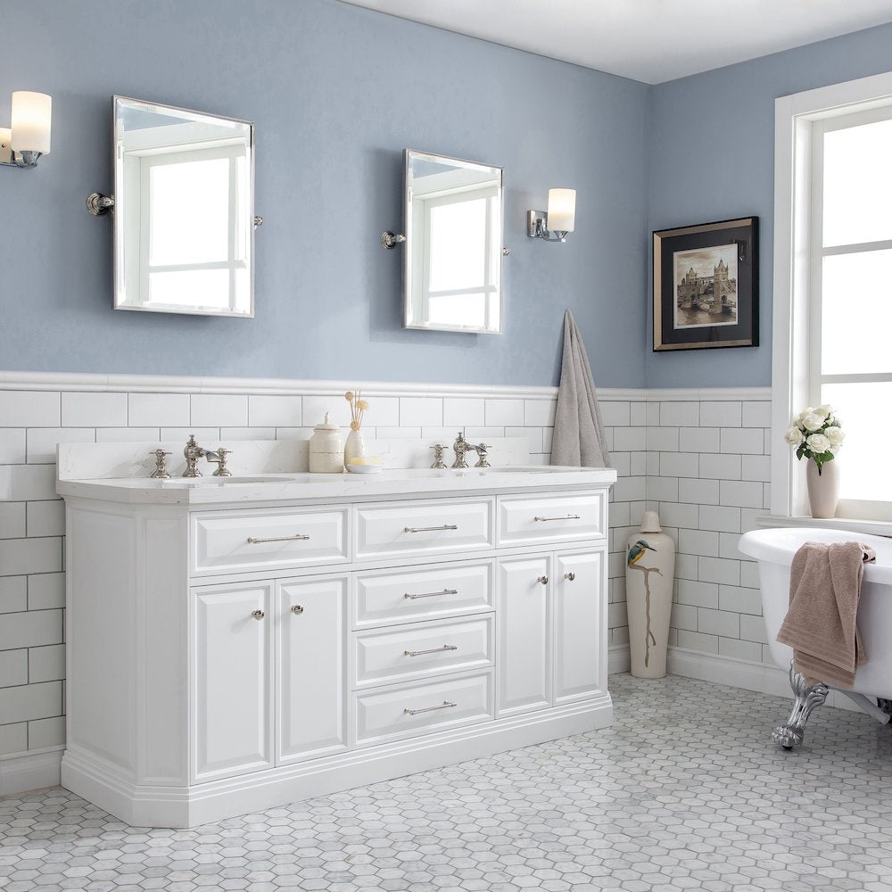 Palace 72 In. Double Sink Carrara Quartz Countertop Bath Vanity in Pure White