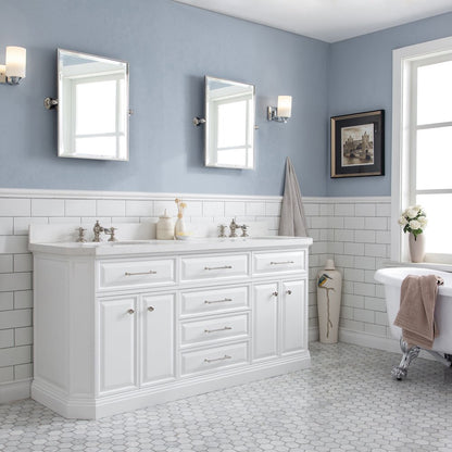 Palace 72 In. Double Sink Carrara Quartz Countertop Bath Vanity in Pure White