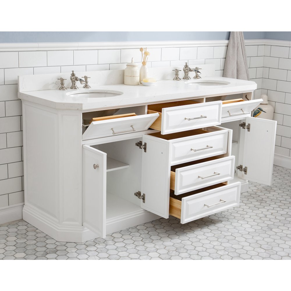 Palace 72 In. Double Sink Carrara Quartz Countertop Bath Vanity in Pure White