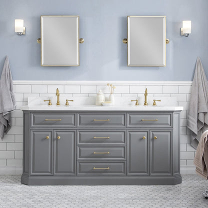 Palace 72 In. Double Sink Carrara Quartz Countertop Bath Vanity in Cashmere Grey