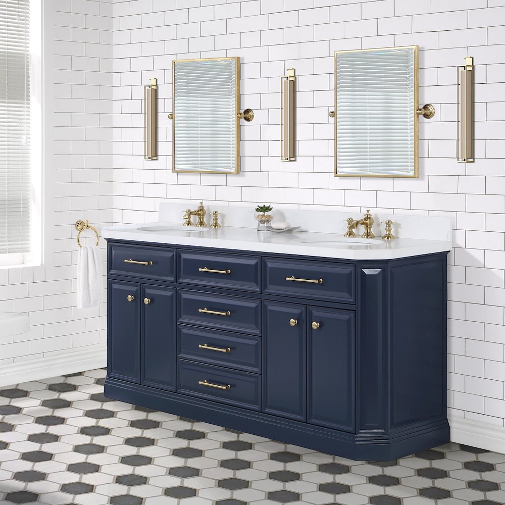 Palace 72 In. Double Sink Carrara Quartz Countertop Bath Vanity in Monarch Blue