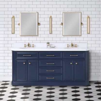 Palace 72 In. Double Sink Carrara Quartz Countertop Bath Vanity in Monarch Blue
