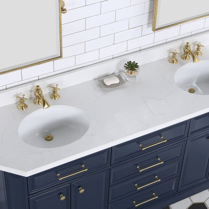Palace 72 In. Double Sink Carrara Quartz Countertop Bath Vanity in Monarch Blue