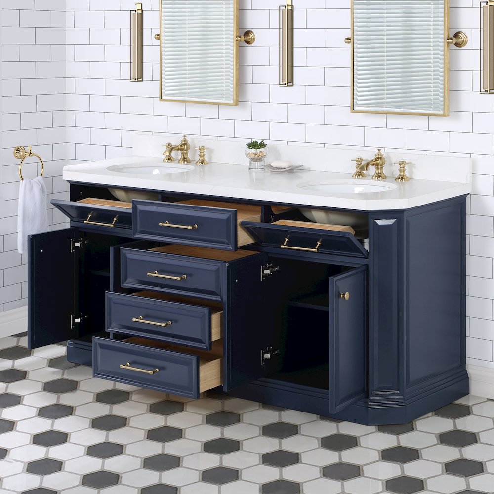 Palace 72 In. Double Sink Carrara Quartz Countertop Bath Vanity in Monarch Blue