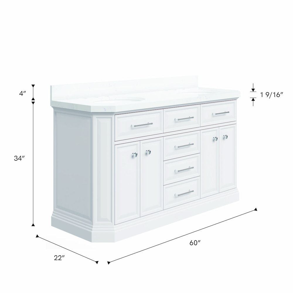 Palace 60 In. Double Sink Carrara Quartz Countertop Bath Vanity in Pure White