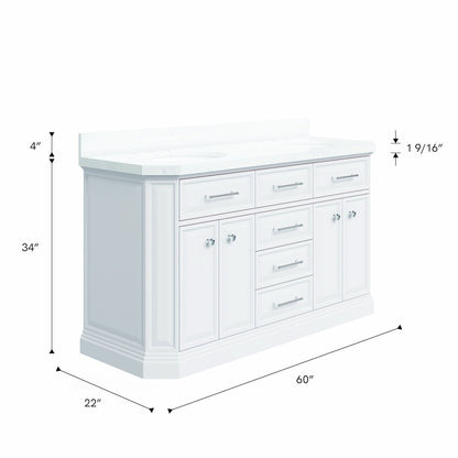 Palace 60 In. Double Sink Carrara Quartz Countertop Bath Vanity in Pure White