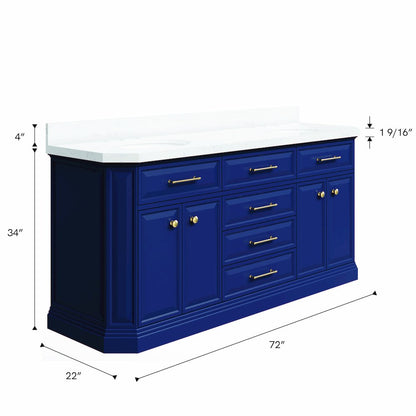 Palace 72 In. Double Sink Carrara Quartz Countertop Bath Vanity in Monarch Blue