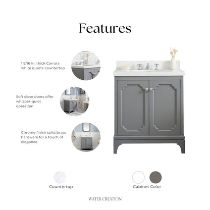 Queen 30 In. Single Sink Sink Carrara Quartz Countertop Bath Vanity