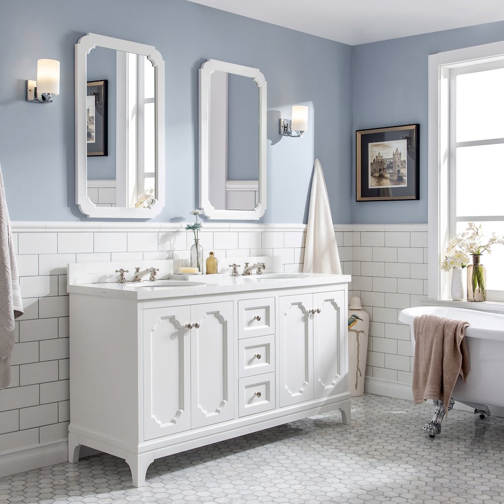 Queen 60 In. Double Sink Sink Carrara Quartz Countertop Bath Vanity