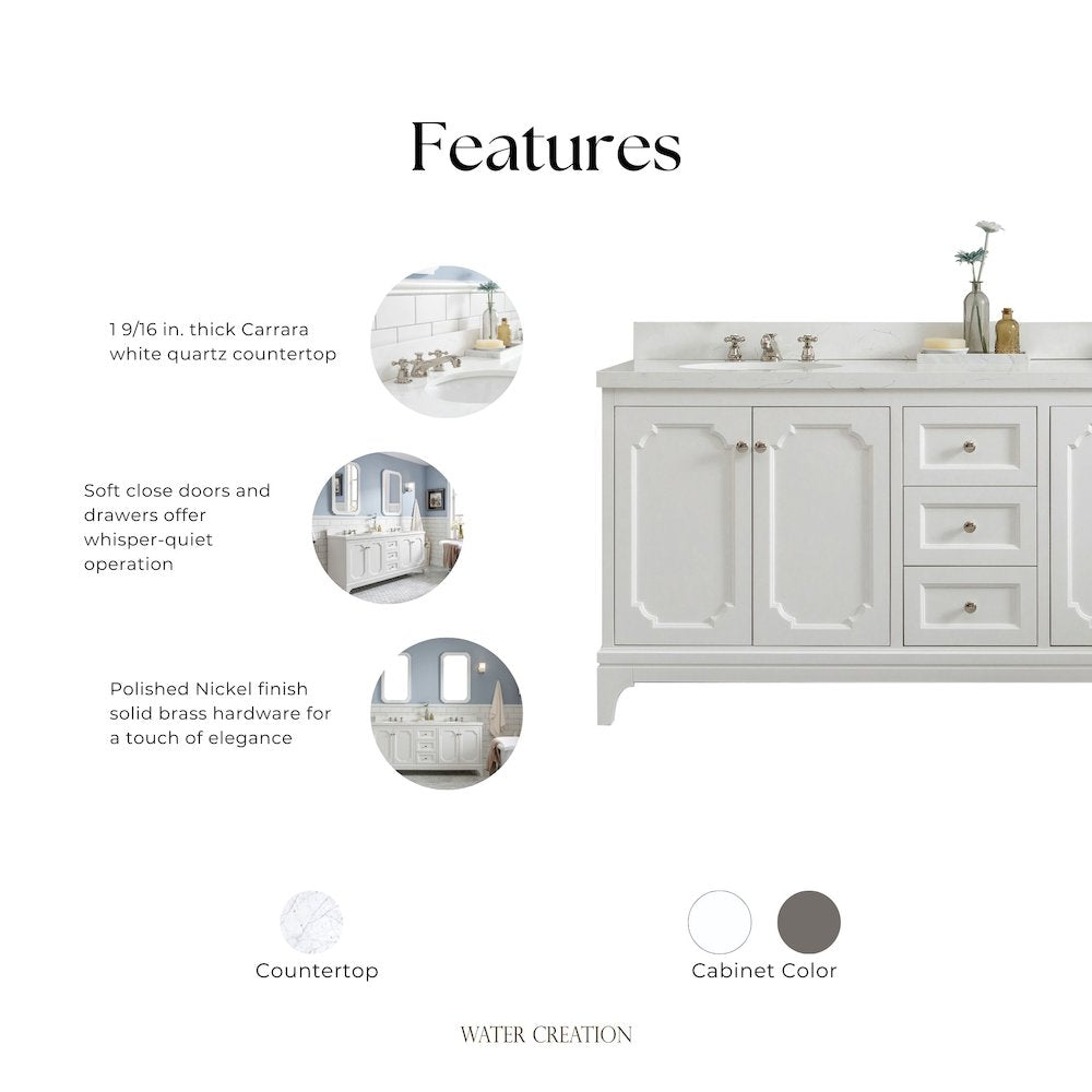 Queen 60 In. Double Sink Sink Carrara Quartz Countertop Bath Vanity