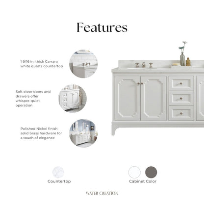 Queen 72 In. Double Sink Sink Carrara Quartz Countertop Bath Vanity