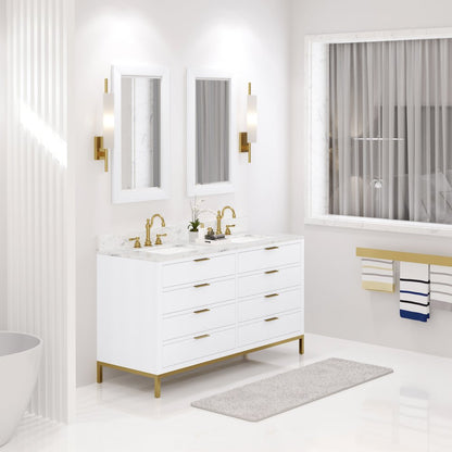 60 In. Double Sink Carrara White Marble Countertop Bath Vanity in Pure White