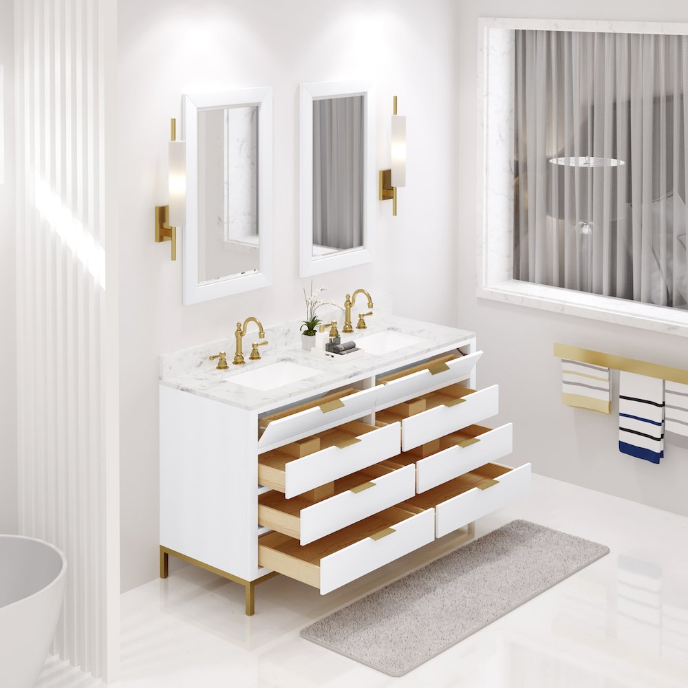 60 In. Double Sink Carrara White Marble Countertop Bath Vanity in Pure White