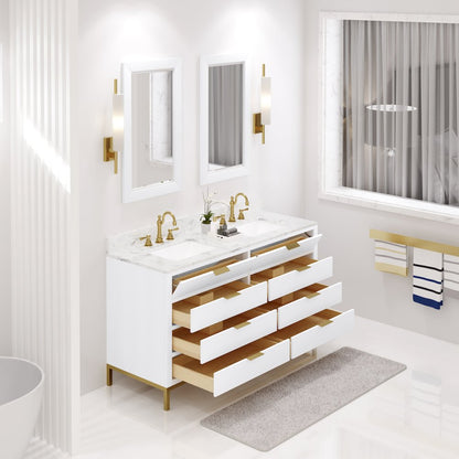 60 In. Double Sink Carrara White Marble Countertop Bath Vanity in Pure White