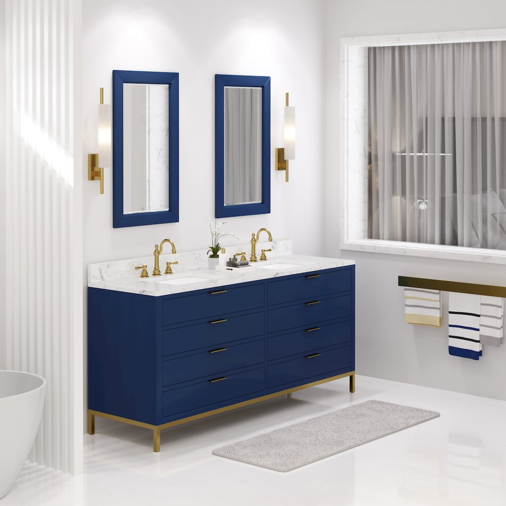 72 In. Double Sink Carrara White Marble Countertop Bath Vanity in Monarch Blue