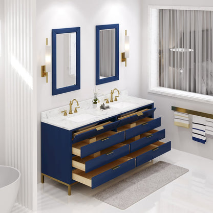 72 In. Double Sink Carrara White Marble Countertop Bath Vanity in Monarch Blue