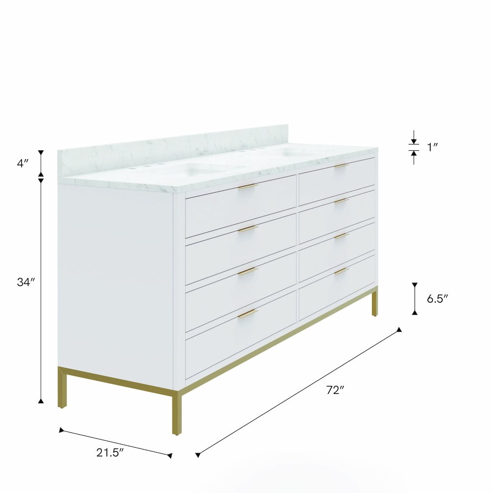 72 In. Double Sink Carrara White Marble Countertop Bath Vanity in Pure White