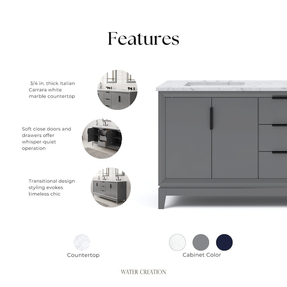 72 In. Double Sink Carrara White Marble Countertop Bath Vanity In Cashmere Grey